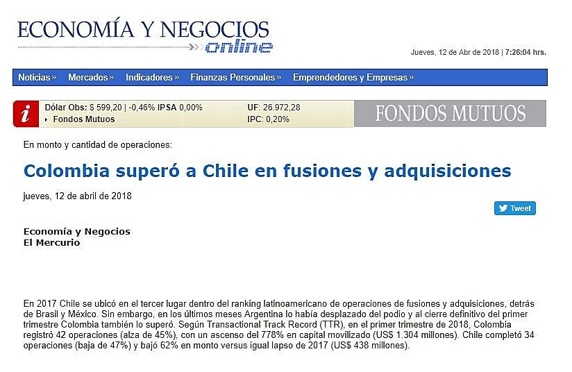 Colombia super a Chile en fusiones y adquisiciones